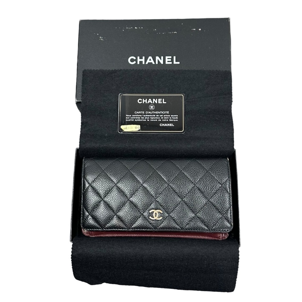 CHANEL Black Quilted Caviar Leather Trifold Wallet with Burgundy Trim - Picture 10 of 15